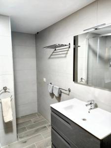 y baño con lavabo y espejo. en One bedroom apartement with enclosed garden and wifi at Mourisca, 