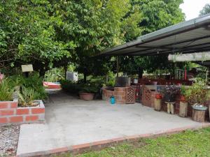 un patio con macetas y un dosel negro en Cabañas Horeb, en Tena