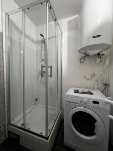 ein Bad mit einer Dusche und einer Waschmaschine in der Unterkunft 2p : Vue sur les toits de Paris in Les Lilas