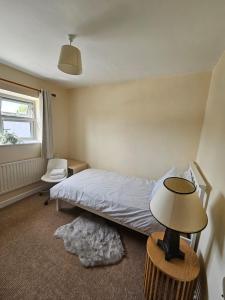 a bedroom with a bed and a lamp on a table at Main Street Swinford! in Swinford