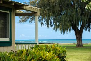 a house with a tree and the ocean in the background at Waimea Plantation Cottages, a Coast Resort in Waimea