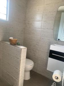 ein Badezimmer mit einem WC, einem Waschbecken und einem Spiegel in der Unterkunft Descansa y viaja bleseed house in Monte Adentro