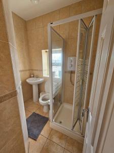 a bathroom with a shower and a toilet and a sink at Main Street Swinford! in Swinford