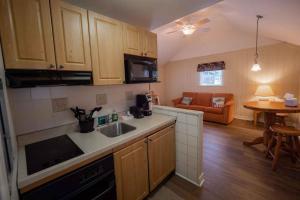 uma cozinha com um lavatório e uma sala de estar em The Snowshoe Lodge em Lake Placid