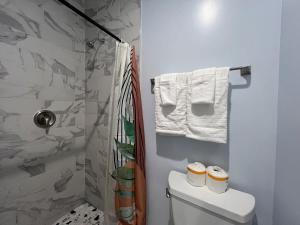 a bathroom with a toilet and a shower with towels at Ultimate Regal 9B Retreat on King St-Walk to metro in Alexandria