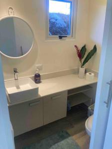 een badkamer met een wastafel, een spiegel en een toilet bij Marbella Forest Retreat apartment 1bed, 2ppl in Santa Cruz