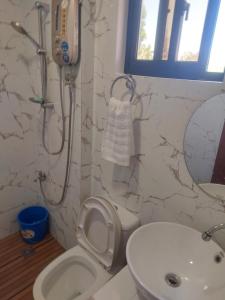uma casa de banho com um chuveiro, um WC e um lavatório. em Frozen 2 em Puerto Princesa