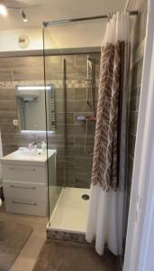 ein Bad mit einer Dusche und einem Waschbecken in der Unterkunft Cozy 2-room 3 min from Mantes train station in Mantes-la-Jolie