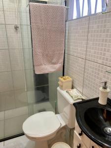 La salle de bains est pourvue de toilettes, d'une douche et d'un lavabo. dans l'établissement Chacara Lucia Helena, à Cosmópolis