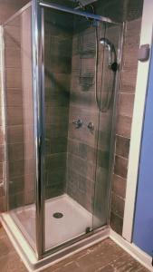 a shower with a glass door in a bathroom at PRIVATE ENTRANCE APT RooM #4 in Dallas