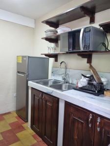 a kitchen with a sink and a stainless steel refrigerator at El Rinconcito de la Antigua in Antigua Guatemala