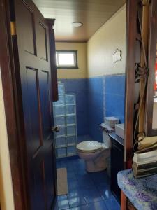 Casa 28 Millas في Madre de Dios: حمام ازرق مع مرحاض ومغسلة