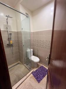 baño con aseo y puerta de ducha de cristal en Superbe appartement au porte de gueliz, en Marrakech