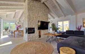 ein Wohnzimmer mit einem Sofa und einem Steinkamin in der Unterkunft Villa Belvedere in Jadranovo