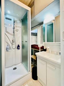 a bathroom with a shower and a sink at SUBAKO（yado＆community space） in Yurihonjo