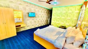 1 dormitorio con 1 cama y TV. en Diamond cottage, en Srinagar
