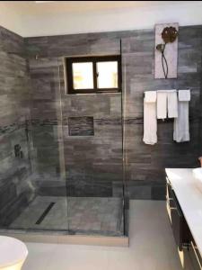 a bathroom with a shower with a glass door at Luxury Palm in Old Harbour