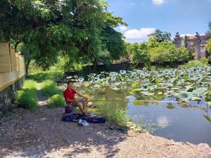 a man sitting next to a pond with lots of lilies at Trang An Elegant Homestay in Ninh Binh