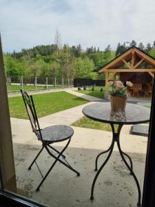 einen Tisch, einen Stuhl, einen Tisch und einen Pavillon in der Unterkunft Vila Lac in Braşov