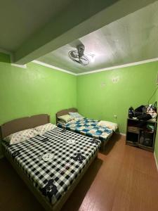 two beds in a room with green walls at Sir Louie Lodging House in Majayjay