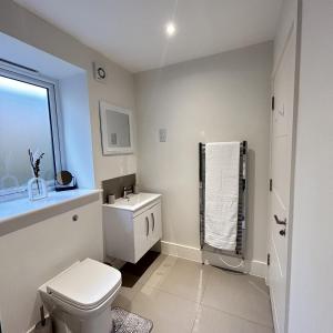 a white bathroom with a toilet and a sink at Southborough Suite in Kent