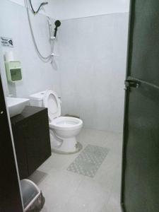 a bathroom with a toilet and a shower and a sink at KMJ SUITES in General Luna