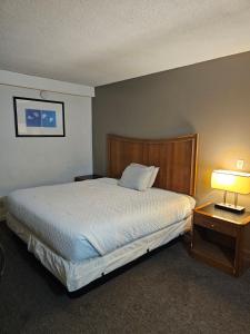 a bedroom with a bed and two tables with lamps at Hastings Inn in Hastings