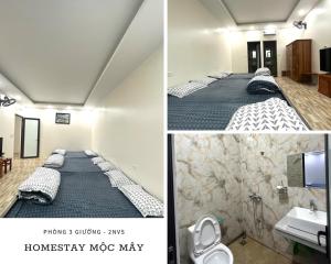 2 fotos de una habitación con camas y lavabo en Mộc Mây Homestay, en Ha Giang