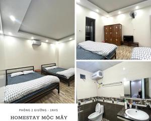 3 fotos de una habitación con 2 camas y lavabo en Mộc Mây Homestay, en Ha Giang