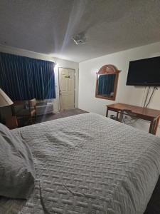 Dormitorio con cama, escritorio y TV en Hastings Inn, en Hastings