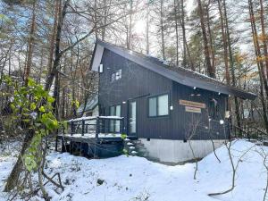 a small cabin in the woods in the snow at Hakuba Cottage Karamatsu in Hakuba