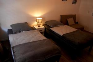 twee bedden in een kamer met een lamp op een tafel bij Apartment Kompakt Gottschalk 2.0 in Kassel