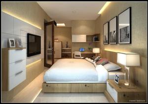 ein Schlafzimmer mit einem großen Bett und einem TV in der Unterkunft 2-bedroom apart near jiexpo with 6 bed & 2 bathroom in Jakarta