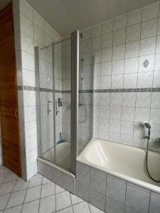 a bathroom with a shower and a bath tub at Ferienwohnung im Zentrum Zwickaus in Zwickau