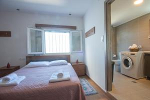 1 dormitorio con 1 cama y lavadora en Skapani's House en Mésa Lasithákion