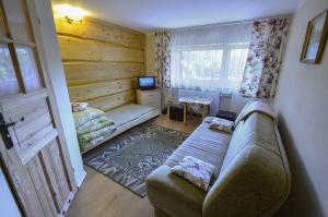 - un salon avec un canapé et une fenêtre dans l'établissement Pensjonat Krokus, à Szczyrk