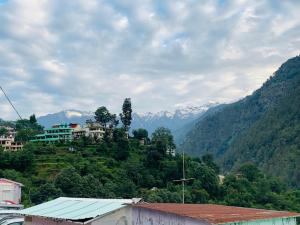 a town on a hill with mountains in the background at Hotel Badrinath in Badrinath