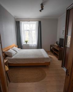 um quarto com uma cama e uma janela em Nice&cozy flat No7 em Riga
