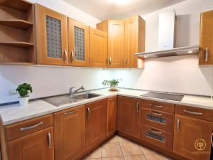 a kitchen with wooden cabinets and a sink at Apartment Saria Strunjan in Strunjan