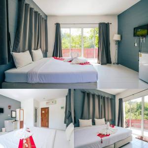 2 fotos de un dormitorio con cama y ventana en ภูไพรเลค รีสอร์ท en Ban Wang Khun Knachen