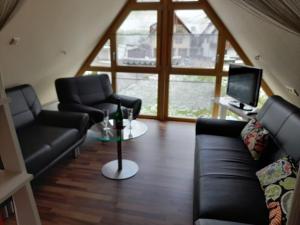 un soggiorno con 2 divani e una TV di Dachspitz - junges Wohnen a Unterkirnach