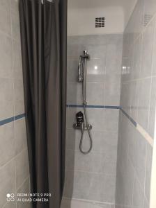 La salle de bains est pourvue d'une douche avec rideau de douche. dans l'établissement Studio Cosy tout équipé à Lille, à Lille