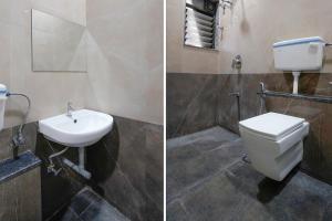 two pictures of a bathroom with a toilet and a sink at FabHotel Priya Lodging, near Ojhar Airport in Nashik