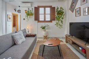 Una sala de estar con un sofá gris y una mesa de café. en Apartamento Obispo centro Jerez de la Frontera, en Jerez de la Frontera