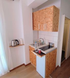 a small kitchen with wooden cabinets and a sink at Lilliput Studio Corfu Old Town in Corfu Town