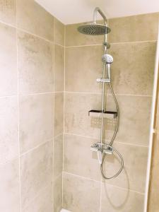 y baño con ducha con cabezal de ducha. en Maison Chinsa, en Saint-Angeau