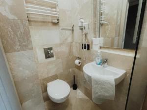 a small bathroom with a toilet and a sink at KAMIENICA MORSKA in Sopot