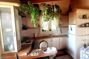 a kitchen with a white refrigerator and a table at Serenity Cottage House in Preveza in Flámpoura