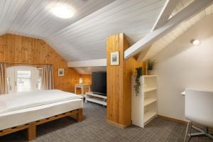 sypialnia z łóżkiem i telewizorem w obiekcie Krone by b-smart w mieście Bad Ragaz