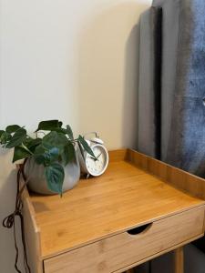 una mesa de madera con un reloj y una planta en Central Apartment, en Jelgava